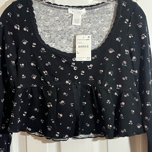 Kirious Los Angeles Long Sleeve Babydoll Floral Crop Top Waffle‎ Knit NWT Small - Picture 3 of 10